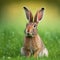 Sedate easter belgian rabbit portrait full body sitting in green field