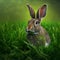 Sedate easter Checkered Giant rabbit portrait full body sitting in green field