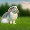 Sedate easter English Lop rabbit portrait full body sitting in green field