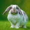 Sedate easter English Lop rabbit portrait full body sitting in green field