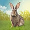 Sedate easter flemish giant rabbit portrait full body sitting in green field