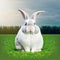 Sedate easter Giant Angora rabbit portrait full body sitting in green field