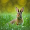 Sedate easter Jeresey Wolley rabbit portrait full body sitting in green field