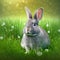 Sedate easter Standard Chinchilla rabbit portrait full body in green field