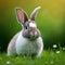 Sedate easter white Hotot rabbit portrait full body sitting in green field