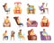 Sedentary Lifestyle Retro Cartoon Icons Set