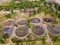 Sedimentation tanks in a sewage treatment plant, Aerial view