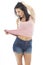 Seductive Attractive Young Caucasian Woman Wearing A Pink Vest Top and Blue Denim Shorts
