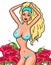 The seductive blonde in a blue bathing suit against the flowers