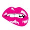 Seductive female lips painted with pink gloss, erotic bite of the lip, vector clip art in flat style.