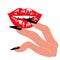 Seductive female lips painted red gloss, Erotic bite lip, Female fingers touching lips Vector clip art in flat style.