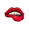 Seductive red female lips. Flat vector icon of woman s mouth with white teeth. Design for postcard, sticker, mobile app