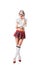 seductive schoolgirl in short plaid skirt using digital tablet