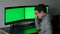 See through glasses Office man near two monitors with green screen Schoolboy with modern and traditional learning tools