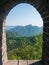 see through from a watchtower at the Great Wall of china at Mutianyu in the summer, Beijing, China, Asia, stock photo