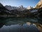 Seebensee lake mirror reflection of autumn fall alpine mountain sunset panorama in Ehrwald Tyrol Austria alps Europe