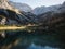 Seebensee lake mirror reflection of autumn fall alpine mountain sunset panorama in Ehrwald Tyrol Austria alps Europe