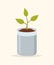 A seedling in a bag with soil on a beige background. Vector illustration