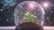 Seedling sprouting within a glass dome against a mystical cosmic backdrop, symbolizing life and growth amidst the stars