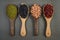 Seeds beansBlack Bean, Red Bean, Peanut and Mung Bean useful for health in wood spoons on grey background