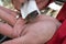 Seeds being sprinkled from a packet out onto the palm of a gardeners hand ready for sowing