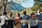 Seeing beautiful places with beautiful people. Rearview shot of a group of friends standing together.