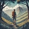 Seeking adventure - Male adventurer in landscape looking to explore and live live. Enjoy nature, hiking and wanderlust concept -