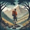 Seeking adventure - Male adventurer in landscape looking to explore and live live. Enjoy nature, hiking and wanderlust concept -