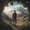 Seeking adventure - Male adventurer in landscape looking to explore and live live. Enjoy nature, hiking and wanderlust concept -