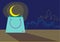 A seemingly Smiling Shopping Bag with an emerging Ramadan Moon. Editable clip art.