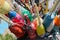 Seen from avobe are colorful, wooden fishing buoys