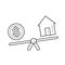 Seesaw with house and dollar coin line icon.