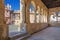 Segovia - The portico of Romanesque church Iglesia de San Lorenzo and the square with the same name