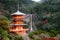 Seigantoji Pagoda in Kumano nachi taisha shrine temple with Nachi waterfalls along in view at autumn season the famous and popular