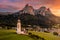 Seis am Schlern, Italy - Beautiful sunset and aerial mountain scenery in the Italian Dolomites with St. Valentin Church