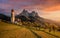 Seis am Schlern, Italy - Beautiful sunset and idyllic mountain scenery in the Italian Dolomites with St. Valentin Church