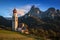 Seis am Schlern, Italy - Famous St. Valentin Church and Mount Sciliar mountain at background in Italian Dolomites