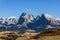 Seiser Alm high plateau and view of Sassolungo and Sassopiatto mountains of the Langkofel Group