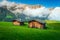 Seiser Alm resort and misty Mount Sciliar in background, Italy