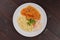 Seitan goulash with bulgur on a table