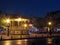 Seixal, Portugal. June 3, 2023: Bandstand in Amora by night with open air restaurants and bars in the square.