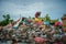 Selat Panjang, Riau Indonesia on January 03, 2022, A scavenger is working on a pile of plastic waste along with thousands of flies