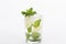 Select focus and close up of an appetizing looking mojito cocktail on a light background