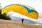 Select focus paragliding, Starting point paraglider flying on mountains in summer day