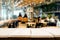 Selected focus empty brown wooden table and Coffee shop or restaurant blur background with bokeh image. for your photomontage or