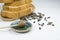 Selected focus of honey with stack of bread and sunflower seeds