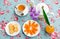 Selected focus tea cup top view English tea with orange fruit an