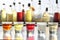 Selection of alcoholic drinks. Set of wine, brandy, liqueur, tincture, cognac, whiskey in glasses, bottles. Large variety of alcoh