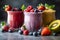Selection assortment of colourful Healthy fresh fruit and vegetable smoothies with ingredients