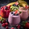 Selection assortment of colourful Healthy fresh fruit and vegetable smoothies with ingredients